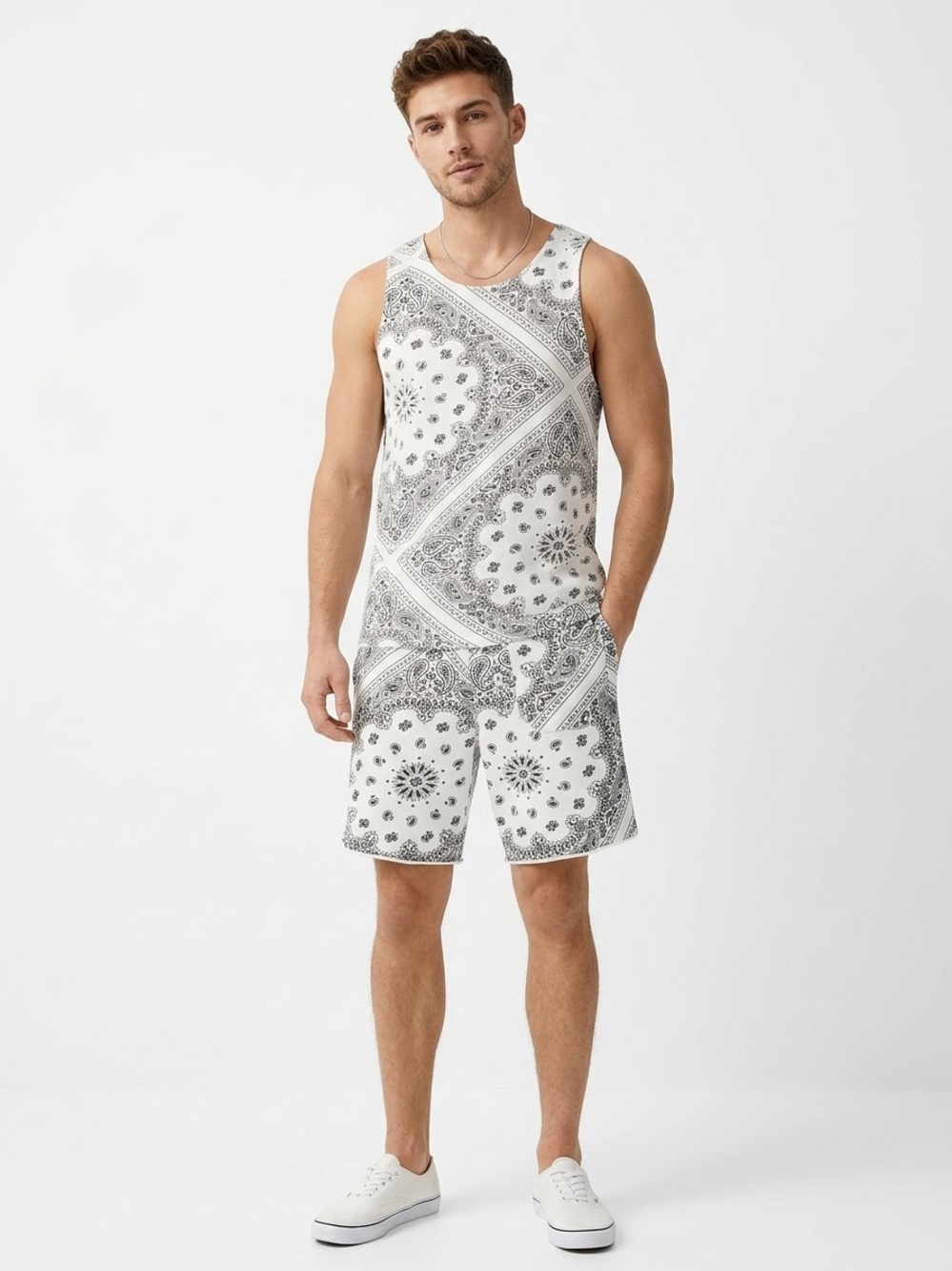 H&M White and Black Bandana-Print Swim Tank & Shorts